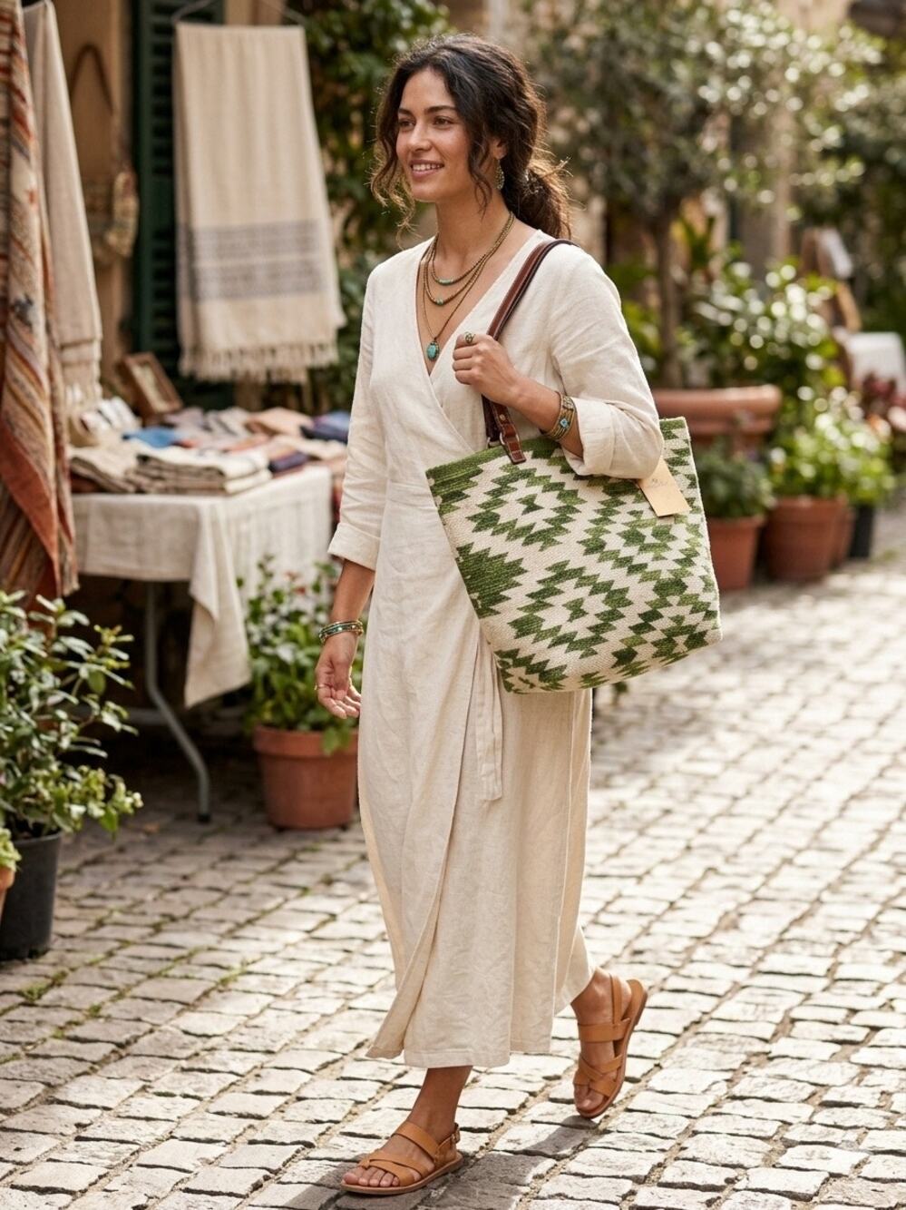 NWT Patricia Nash Chennai Tote Hand Loomed Woven Green White Leather handles